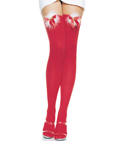 Opaque Thigh Highs with Marabou Puff, Satin Bow, and Bell - Red