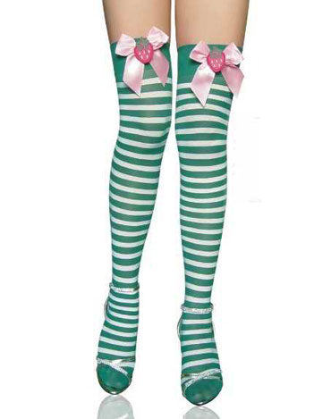 Stripe Thigh Highs with Plush Strawberry Satin Bow Top