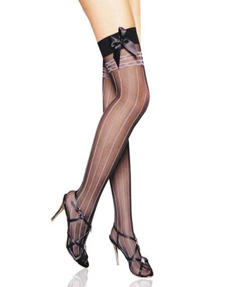 Sheer Stockings with Opaque Stripes and Satin Bow