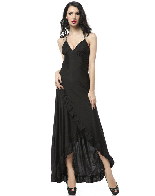 Long Ruffle Trim Gown - Black
