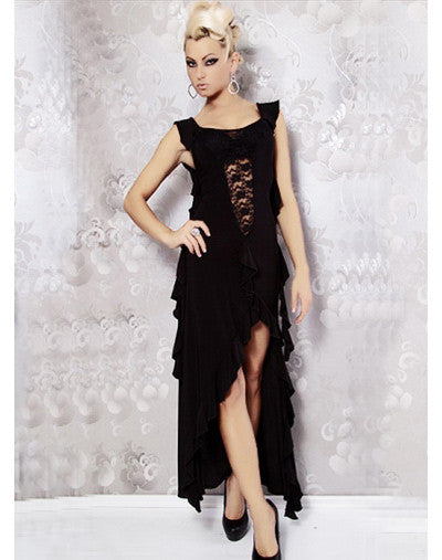 Front Lace Ruffle Hem Gown - Black