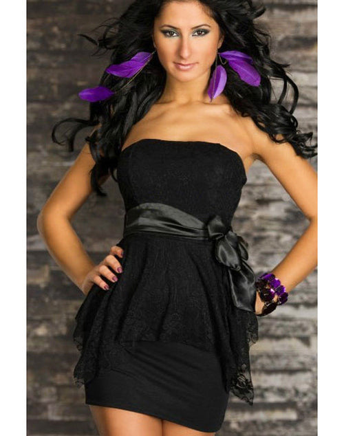 Layered Lace Strapless Mini Dress - Black