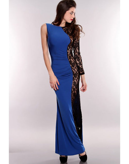 One Shoulder Lace Long Sleeve Gown - Blue