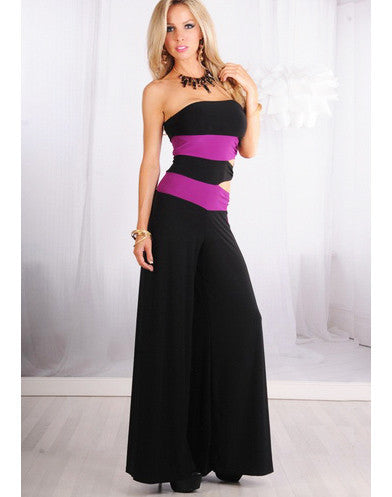 Strapless Cut Out Side Jumpsuit - Black and Purple