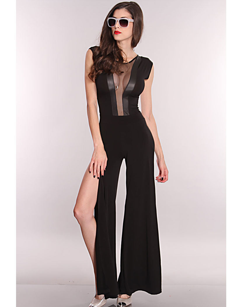 Mesh Cut Out Side Slits Jumper Outfit - Black