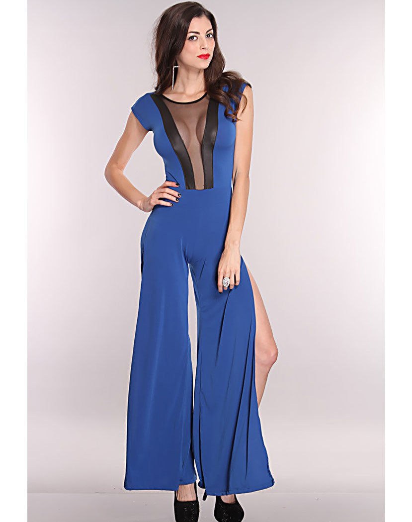 Mesh Cut Out Side Slits Jumper Outfit - Blue