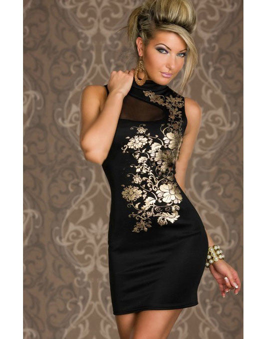 Gold Flower Print Mini Dress - Black