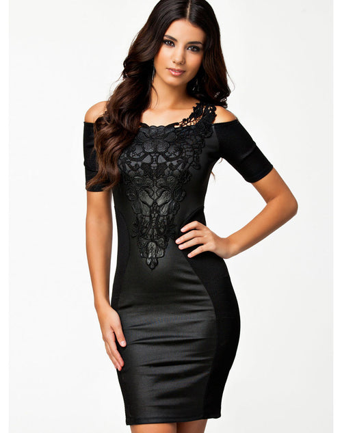 Black Lace Crochet Bodycon Dress - Black