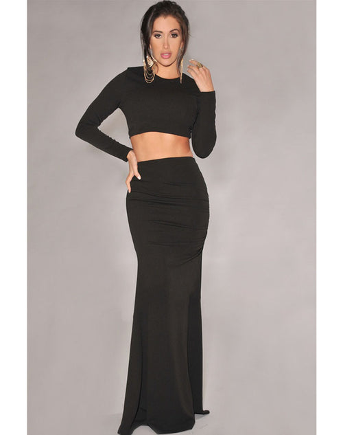 Crop Top Maxi Skirt Set - Black
