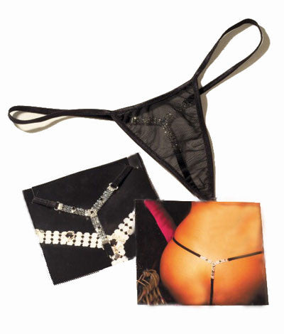 T Back Rhinestones G-String - Black