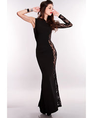 One Shoulder Lace Long Sleeve Gown - Black