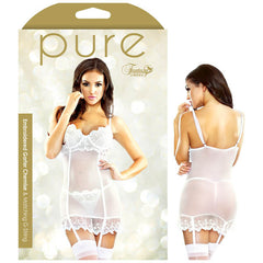PURE EMBROIDERED GARTER CHEMISE & MATCHING G-STRING