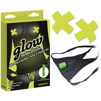 GLOW IN THE DARK VIBRATING CROTCHLESS PANTY AND PASTIES SET