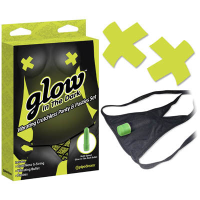 GLOW IN THE DARK VIBRATING CROTCHLESS PANTY AND PASTIES SET