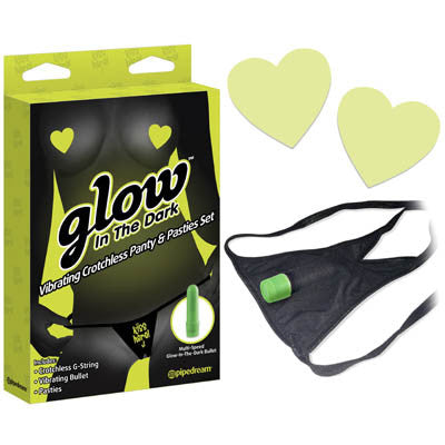 GLOW IN THE DARK VIBRATING CROTCHLESS PANTY AND PASTIES SET