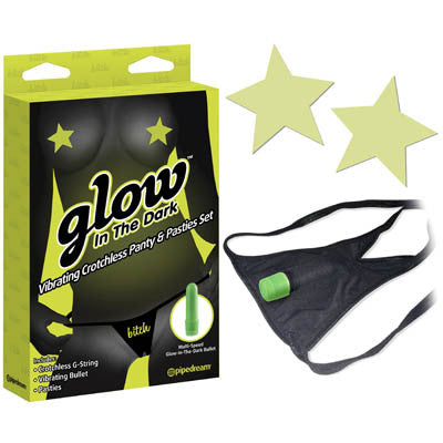 GLOW IN THE DARK VIBRATING CROTCHLESS PANTY AND PASTIES SET
